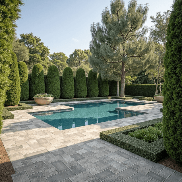 A luxurious California backyard with Catalina grana aspen pavers and a swimming pool and well manicured garden and hedges