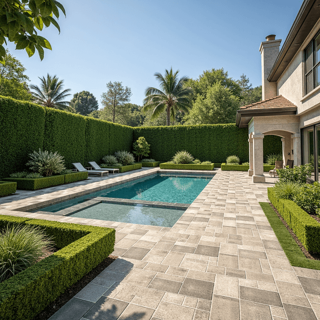 A luxurious California backyard with Catalina grana aspen pavers and a swimming pool and well manicured garden and hedges