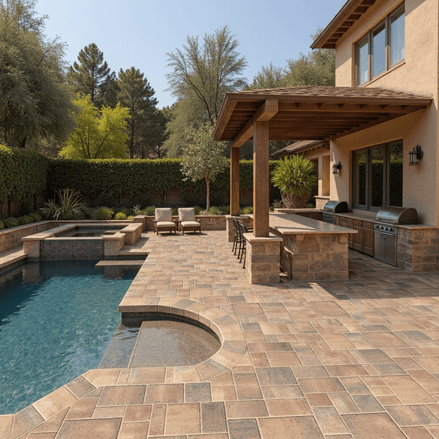 A luxurious California backyard with Catalina grana toscana pavers and a swimming pool and an outdoor kitchen with a pergola and a BBQ island and furniture under the pergola
