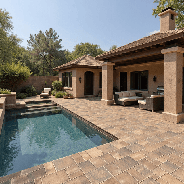 A luxurious California backyard with Catalina grana toscana pavers and a swimming pool and an outdoor kitchen with a pergola and a BBQ island and furniture under the pergola