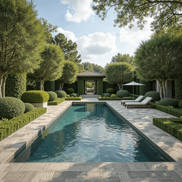 A luxurious California backyard with Catalina grana aspen pavers and a swimming pool and well manicured garden and hedges