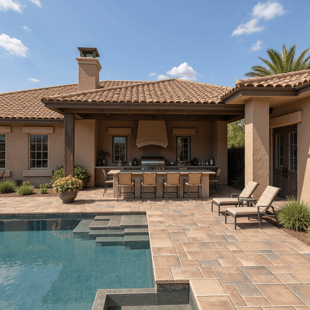 A luxurious California backyard with Catalina grana toscana pavers and a swimming pool and an outdoor kitchen with a pergola and a BBQ island and furniture under the pergola