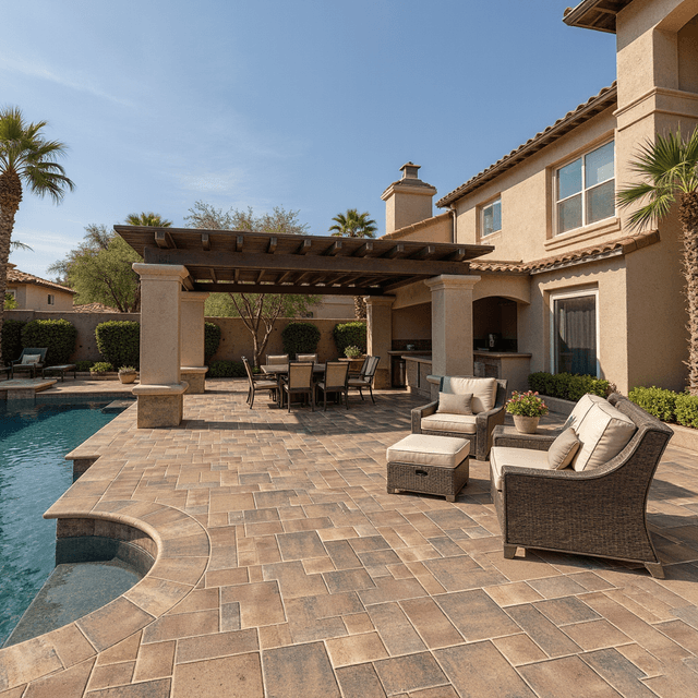 A luxurious California backyard with Catalina grana toscana pavers and a swimming pool and an outdoor kitchen with a pergola and a BBQ island and furniture under the pergola