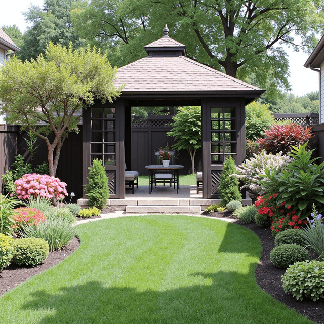 A cozy back yard with a gazebo and Garden Flowers plants