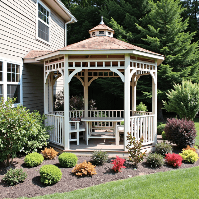 A cozy back yard with a gazebo and Garden Flowers plants