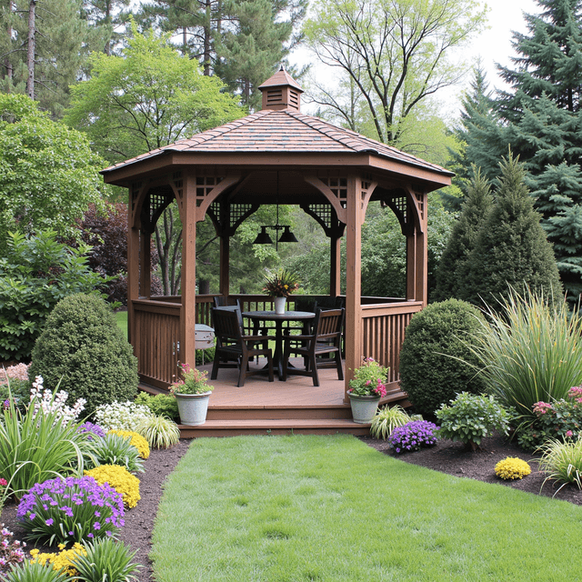 A cozy back yard with a gazebo and Garden Flowers plants