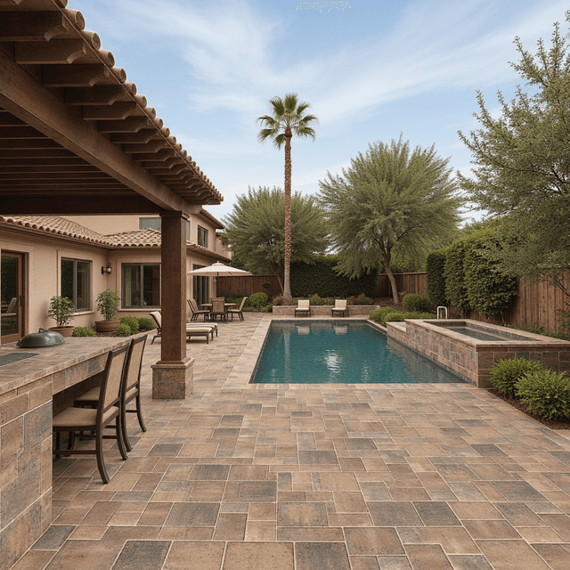 A luxurious California backyard with Catalina grana toscana pavers and a swimming pool and an outdoor kitchen with a pergola and a BBQ island and furniture under the pergola